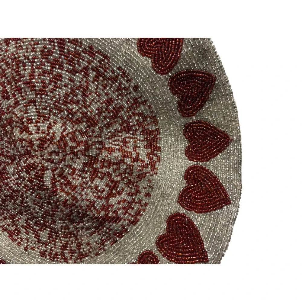 Vintage Style Beaded Heart Placemat Silver Red Romantic Coquette Accessory‎